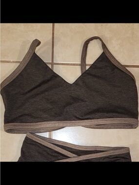 BuffBunny Dark Brown Crop Bralette with Taupe Trim